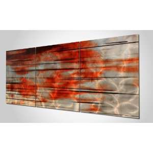   Shades of Red and Dark Lines on Steel Colored Metal Panels. Triptych