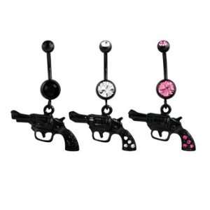  Black Gun with Clear Jewels Dangle Belly Ring   14g (1.6mm 