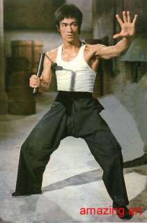 Oil Painting King of Chinese kungfu Bruce Lee nunchakus  