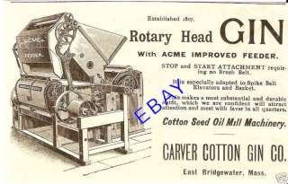 1893 CARVER COTTON GIN AD ACME FEEDER E. BRIDGEWATER MA  