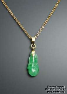 Chinese Apple Green Jadeite Jade Pendant, Gourd Carving with 14K Gold 
