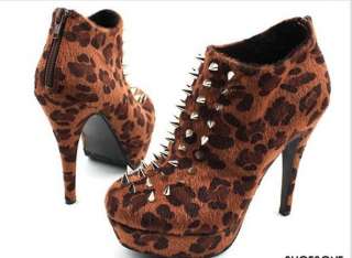   Fashion Womens Leopard Rivet High Heel Ankle Shoes Boots #057  