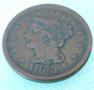 1853 U.S. BRAIDED HAIR CENT LARGE CENT One 1 Cent PENNY  