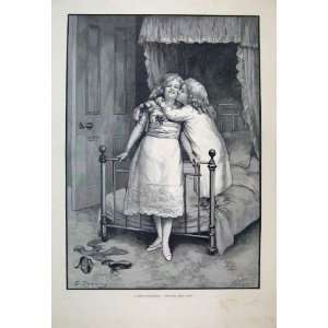  1892 Little Girls Bedtime Goodnight Kiss Antique Print 
