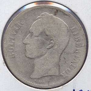 1887 Venezuela FUERTE 5 Bolivares Silver Coin   25 Grams 90% Silver 