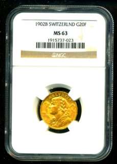 1902 B SWITZERLAND GOLD COIN 20 FRANCS * NGC CERTIF GENUINE GRADED MS 