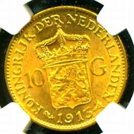 1913 NETHERLANDS GOLD COIN 10 GULDEN * NGC CERTIF GENUINE GRADED MS 64 