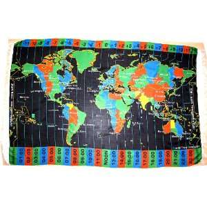  Black Canga   World Map with Time Zones Printed On Cloth 