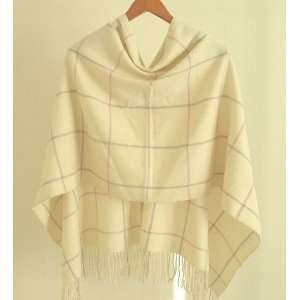 Cashmere Poncho Ivory Plaid, Blend with Fine Wool, V Neck Style 