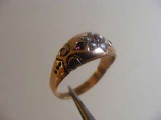 WONDERFUL ANTIQUE 9CT ROSE GOLD RUBY & PEARL RING WITH VINTAGE BOX 