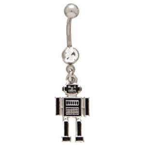  Techi Black & Silver Robot Dangle Belly Ring with CZ Stone 