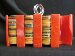 Art Deco Red Swirl Bakelite Poker Chip Caddy With Lucite Ring Handle 