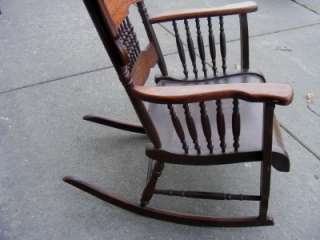 SOLID Wooden Back Tall Rocking Chair w Wooden Seat & Carved Arm Rest 
