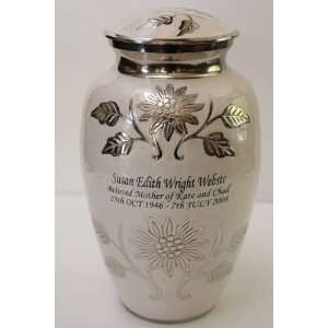  ADULT WHITE AND NICKLE FUNERAL CREMATION URN W/FREE 