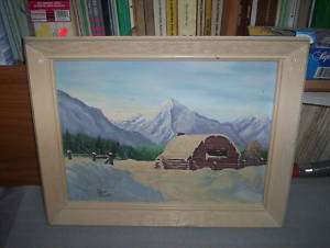 Framed Art Winter Barn Scene & Mountains 19 x 15 Karges  