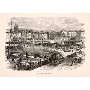 : 1894 Wood Engraving Barcelona Spain Espana Port Dock Pier Ship Boat 