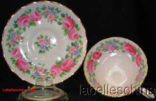 Tuscan Teacup & Saucer HP Pink Roses on Pink gilt trimmed tea cup and 