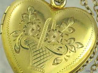 VINTAGE 1/20 12K GOLD FILLED ETCHED HEART LOCKET AND CHAIN NECKLACE 