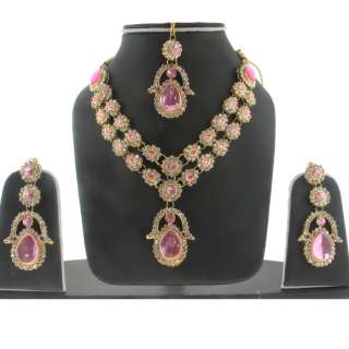 INDIAN AD PINK KUNDAN DOUBLE STYLE NECKLACE EARRINGS  