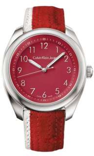 Round CALVIN KLEIN Swiss Made Mens New Watch Red White Leather Strap 