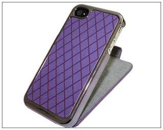 Dual use Grid Flip Leather Chrome Hard Back Case Cover for iPhone 4 4S 