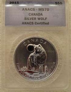 PERFECT: 2011 $5 Canada 1oz .9999 Fine Silver Wolf ANACS MS70  