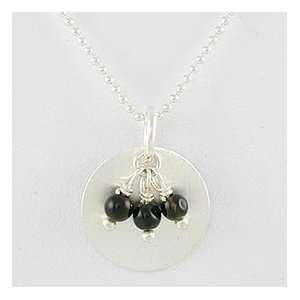 Brushed Satin Disc Pendant in Sterling Silver with Onyx Gemstone Beads 