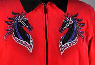 NWT BOB MACKIE Wearable Art Red Velvet Zipper Jacket w/ Embroidered 