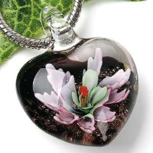  1PC Black Foil Flower Lampwork*Glass Heart Bead Pendant 