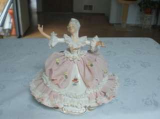 LOVELY VINTAGE DRESDEN DANCING WALTZING LACE LADY FIGURINE MARKED 