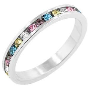 White Gold Rhodium Bonded Channel Set Eternity Band with Assorted Cz 