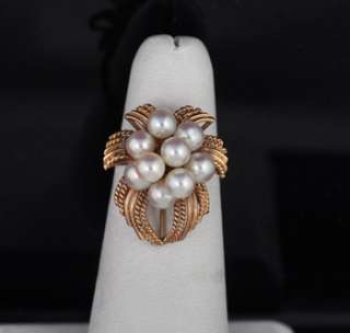 Vintage Akoya Pearl Cluster 14k Rose Gold Bow Ring  