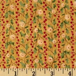  44 Wide Tidings Holly & Berries Gold Fabric By The Yard 