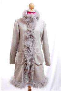 NWT AUTH AMK Faux Fox Fur Wool Coat Light Gray L  
