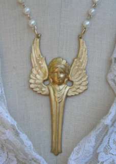 Vintage Art Nouveau Winged Wings Angel Necklace Faux Pearl Artisan 