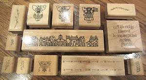 WOODEN RUBBER STAMP LOT COUNTRY TOWN VILLAGE ANGELS  
