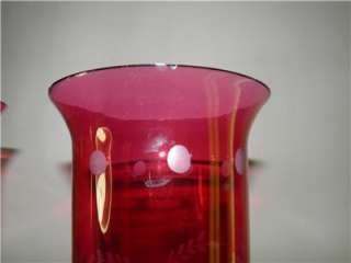 Antique Pair Hurricane Lustre Cranberry Etched Flash Shades Crystal 