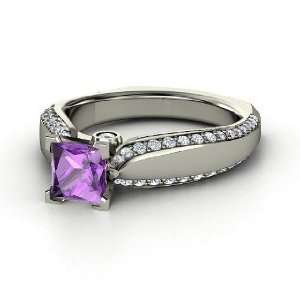  Aurora Ring, Princess Amethyst Palladium Ring with Diamond 