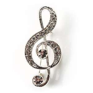    Small Silver Tone Crystal Music Treble Clef Brooch: Jewelry