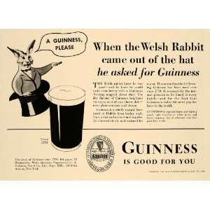 1937 Ad A. Guinness Beer Dublin Welsh Rabbit Top Hat   Original Print 