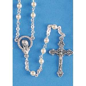 Baptismal Rosary   3mm Rounded Pearl Beads   16 Chain   MADE IN ITALY 