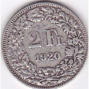   1920 Switzerland 2 Franc Coin   Silver Content 83,5% 