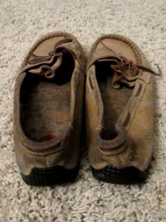   WORN tan moccasins shoes flats size 7 used preowned destroyed trashed