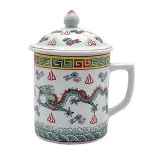  Porcelain Mug with Lid   White/green Dragon & Symbols 