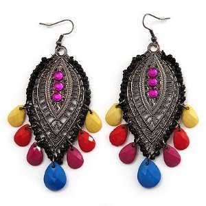  Gun Metal Multicoloured Acrylic Bead Drop Earrings   10cm 