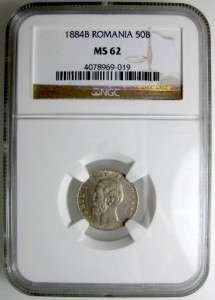 Romania Silver 50 Bani 1884 NGC MS62 Very RARE Grade  