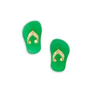  Solid 14k Gold Sandal Thongs Green Jade Stud Earrings 