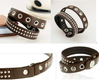 Cool Black Double PU Leather Rivet Snap Bracelet F018B  