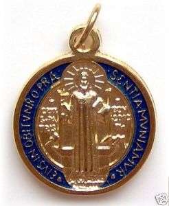 Rare Gold Blue Enamel St. Benedict Medal Pendant  
