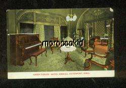 DAVENPORT IA 1910 HOTEL KIMBALL GREEN PARLOR OLD PIANO  